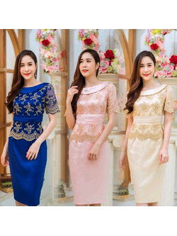 kudapy เดรสสั้นไปงานลูกไม้คอกลมแต่งแถบ สีชมพูโรสโกลดื/สีครีมทอง/น้ำเงินกรมท่า เดรสใส่ออกงาน แขนสั้น ผ้าลูกไม้ปักเลื่อม ซับในซิบหลังอย่างดีเก็บทรงเอเข้ารูป