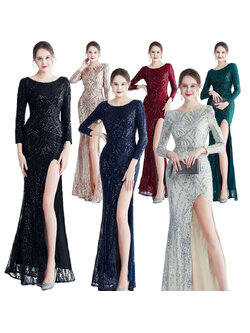 kudapy ชุดราตรียาวผ้ากริสเตอร์ เดรสคอกลมเปิดกว้างแขนยาว โชว์อก ผ้าแต่งลายเพชร S M L XL