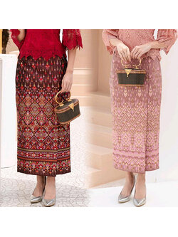 kudapy ผ้าถุงทอลายสีแดง/สีชมพู ผ้าไหมแพรวากาฬสินทร์สำเร็จรูปอัดกาวอย่างดี