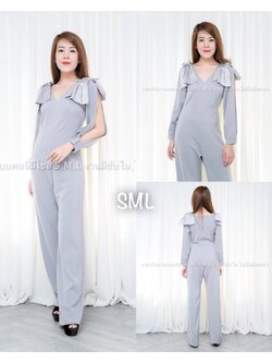 kudapy ชุดจั้มสูทขยาวไปงานสีไวน์แดง ผ่าแขน แต่งโบว์ที่ไหล่ 2 ข้าง ผ้าฮานาโกะ