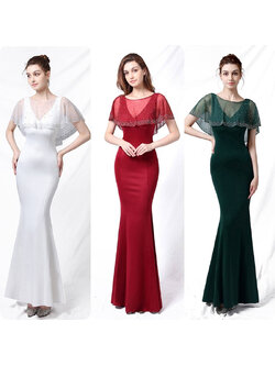 kudapy เดรสยาวสีแดง/สีขาว/สีเขียว ออกงานมาใหม่ ผ้าคลุมไหล่ซีทรูถอดแยกชิ้นได้ กระโปรงทรงเมอร์เมด ผ้าสปริงตัวเข้ารูป