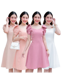 kudapy เดรสสั้นแขนสั้น สีครีม/สีชมพูโอรส/ สีชมพูกลีบบัว/สีขาว แขนตุ๊กตา ดีเทลบ่าโบว์ ทรงอกหัวใจ แพทเทิร์นนี้ใส่สวย