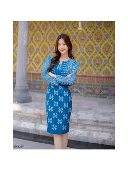 kudapy ชุดเซ็ทสีฟ้า เดรสแขนกุด+เสื้อคลุมแขนยาวลายไทย ใส่ออกงาน