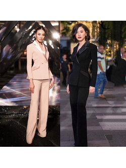 kudapy set suit สีดำ (Black), โรสโกลด์ (Rosegold) เสื้อเบเซอร์และกางเกงขายาว เรียบหรู เสื้อสูทแต่งปกผ้าเงาให้ดูเด่น ออกแบบกระเป๋าให้ใช้งานได้จริง