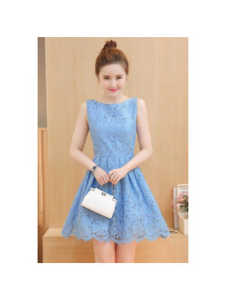 kudapy เดรสสั้นสีฟ้า ออกงาน ผ้าลูกไม้แขนกุดกระโปรงบานน่ารักสวยหวาน