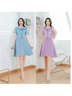 kudapy เดรสสั้นสีฟ้า สีม่วง คอบัวผูกโบว์กระโปรงสีพื้น