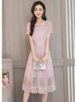 kudapy เดรสผ้าลูกไม้เนื้อดีสีชมพูกะปิ