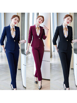 kudapy ชุดสูททำงานผู้หญิงสีกรม/สีแดงไวน์อบม่วง/สีดำ ปกสูงแต่งกระดุมพร้อมกางเกง