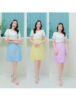 kudapy เดรสคอเหลี่ยมเสื้อลายปักแต่งกระดุม