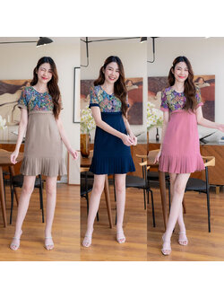 kudapy เดรสสั้นสีชมพู/สีน้ำตาล/สีกรม ผ้าทอลายดอกกระโปรงผ้าพื้นปลายพีช