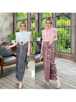 kudapy ชุดเซ็ท ลูกไม้แขนต๊กตา แต่งระบายทรงระย้า กระดุมมุกหรูหรา มีซับในสอง 2 ชั้น ผ้าถุงสำเร็จรูป ผ้าฝ้ายทอลายบุพเพ มีซิปหลัง