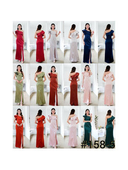 kudapy เดรสยาวสีกรม ครปเปอร์ เขียวเข้ม มิ้นท์ ส้มอิฐ แดง ทอง ชมพู เทา เปิดไหล่ข้าง แต่จีบแขนตุ๊กตาสวยดูดี