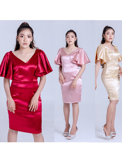 kudapy เดรสสั้นสีทอง/สีชมพู/สีแดง ออกงาน ทรงเอเข้ารูป แขนระบาย แนวเรียบหรู