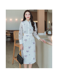 kudapy เซ็ตเสื้อเชิ้ต+กระโปรง พื้นลูกไม้สีขาว เพิ่มความน่ารักด้วยลูกเล่นลายช้างน้อย