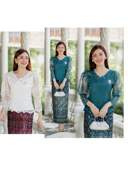 kudapy (เฉพาะเสื้อ) เสื้อลูกไม้สีเขียว/สีขาว ตัวเสื้อใช้ผ้าลูกไม้ใยบวบเนื้อดีลายลูกไม้แน่นทั้งตัว ตัวเสื้อมาพร้อมซับในเนื้อดีในตัว