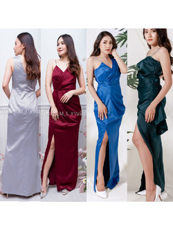 kudapy เดรสออกงานสายเดี่ยวสีแดง/สีครีม/สีเทา/น้ำเงิน/สีเขียวเข้ม เดรสไหล่เฉียงเอวจีบข้าง