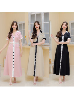 kudapy เดรสยาวสีชมพู/สีครีม/สีดำ เนื้อผ้าอย่างดี มาในทรงคลาสสิคที่ใส่ได้ตลอด สไตล์ติดกระดุมหน้า สีโทนสุภาพแต่งคอปกสุดชิค