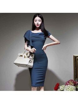 kudapy เดรสออกงานสีน้ำเงินเข้ม ผ้าโพลีเอสเตอร์ทิ้งตัว ทรงดินสอเอวสูง ซิปซ่อนหลัง สวยเหมือนแบบ