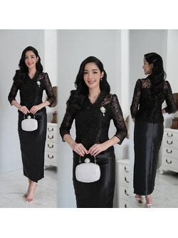 kudapy ชุดเซ็ทสีดำ ผ้าไหมญี่ปุ่น ผ้าหนาเงา เสื้อคอวี เอวทวิต แขนยาว