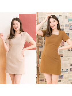 kudapy เดรสสั้นสีเบจ/สีน้ำตาล คอเหลี่ยมแขนสั้น แพทเทิร์นจับเกล็ดเข้ารูป ทรงเบสิคใส่สวยเป๊ะปัง เนื้อผ้าหนานุ่ม