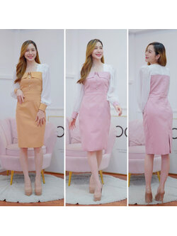 kudapy เดรสสั้นสีชมพู/สีน้ำตาล .แขนยาวแต่งกระดุมมุกสวยดูดี