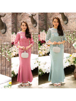 kudapy ชุด set เสื้อลูกไม้ใยบวบผสมเลื่อม+กระหางปลางานผ้าวาเลนติดโน่ มีซับทั้งเสื้อและกระโปรง คอปิด