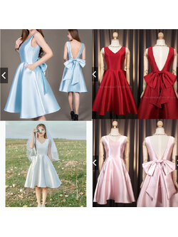 kudapy เดรสสั้นสีแดง/สีฟ้า/สีชมพู คอวี แต่งโบว์หลังยักษ์ มาพร้อมกระเป๋าข้าง กระโปรงฟรีสะโพก ด้านหน้าหวาน ด้านหลังแซ่บ