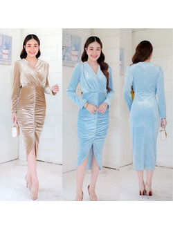 kudapy เดรสสั้นสีฟ้า/าีน้ำตาล กำมะหยี่ คอวี จับจีบไหล่ตั้ง กระโปรงเอวสูงทรงสอบทิวลิปยาว จับจีบย่นกลาง