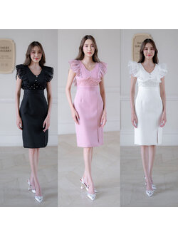 kudapy เดรสสั้นสีขาว/สีดำ/สีชมพู/สีแดง ทรงเข้ารูป แขนกุด ดีเทลอัดผ้าซีฟองช่วงแขน