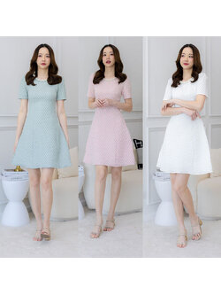 kudapy เดรสสั้นสีขาว/สีเขียว/สีชมพู คอมุกผ้าแจคกาด แขนสั้นใส่สบายตัว