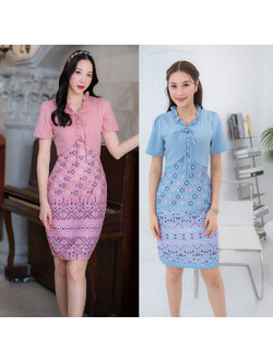 kudapy เดรสสั้นสีชมพุ/สีฟ้า กั๊กเข้ารูปกระโปรงลายไทย