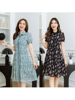 kudapy เดรสสั้นสีดำ/สีเขียวมิ้นท์ คอปกกระดุมหน้า ผ้าชีฟองลายดอกสวย แพทเทิร์นสวยเก๋ ใส่ง่ายๆ เป็นชุดเปิดกระดุมด้านหน้า สวยงานดี