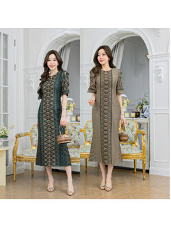 kudapy เดรสพิมพ์ลาย เนื้อผ้าเรียบลื่น อยู่ทรงดี ทรงหางปลา แขนจับจีบ แต่งโบว์