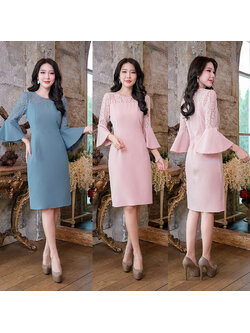 kudapy เดรสสั้นสีชมพูอ่อน/สีฟ้าเทาผ้าพื้นแต่งลูกไม้เนื้อนิ่ม แขนสามส่วน