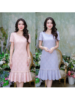 kudapy เดรสสั้นสีม่วงอ่อน/สีชมพูโอรส ผ้าลูกไม้อัดกาวให้ทั้งชุด ผ้าสวย มีน้ำหนักทิ้งตัว ชายระบายสวยแต่งดออกไม้มุกรอบตัวสวยหวาน