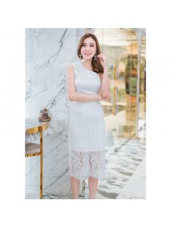 kudapy เดรสสั้นสีขาว ไหล่เดี่ยวโบว์ต่อลูกไม้สวยใสดูดี