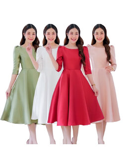 kudapy เดรสสั้นสีชมพูโรสโกลด์,สีเขียวมิ้นท์,สีแดง,สีขาว แขนสาม ดีเทลจับจีบหัวไหล่ กระโปรงทรงปล่อย ใส่บายค่ะ