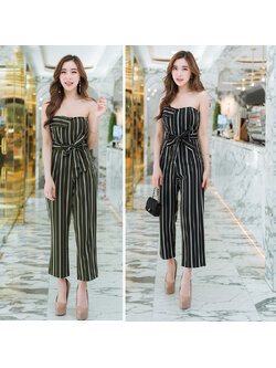 kudapy จั๊มสูทขายาวสีดำ,เขียว เกาะอกลายทางใส่สบายสวยดูดี