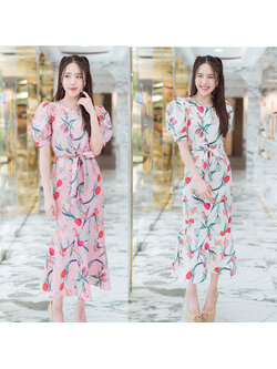 kudapy เดรสยาวสีชมพู,สีครีม ลายทิวลิปแขนตุ๊กตา ผ้าใส่สบายสวยดูดี