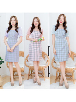kudapy เดรสสั้นแขนยกพองลายสก็อตคอเหลี่ยมสีม่วง/สีชมพู/สีฟ้า คอเหลี่ยมแขนตุ็กตาชีฟองลายตาราง