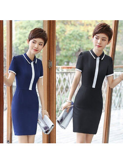 kudapy เดรสแขนสั้นสีกรมท่า สีดำ คอปก ผ้าไม่บาง และไม่หนาเกินไป เข้ารูป ทรงสอบ เหมาะสำหรับใส่ทำงาน