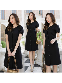 kudapy เดรสผ้าโพลีเอสเตอร์เนื้อหนา คอกลมแต่งกระดุมหน้าใช้งานได้ แต่งแขนจั้มตุ๊กตา