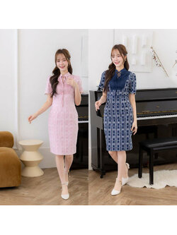 kudapy เดรสสั้นสีกรม สีชมพู ผ้าฉลุคอจีนผูกโบว์ ใส่เที่ยวออกงานสวยดูดี