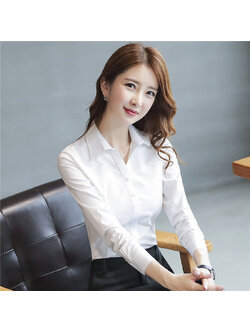 kudapy เสื้อเชิ้ตทำงานสีขาวคอปก แขนยาว