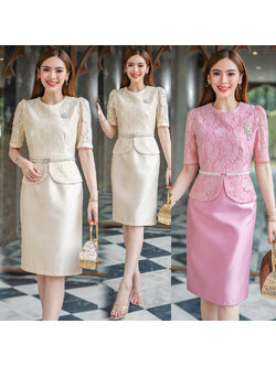 kudapy เดรสสั้นสีครีม / ชมพู ผ้าไหมงานชิ้นเดียวทรงเออัดกาว แต่งลูกไม้ฝรั่งเศษกุ๊นเอว