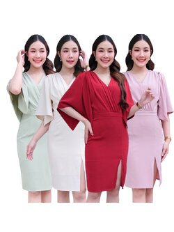 kudapy เดรสสั้นสีชมพูอ่อน/สีครีม/สีเขียวมิ้นท์/สีแดงเข้ม แขนผ่าทรงปล่อย เดรสทรงสอบสั้น พรางแขน เนื้อผ้าเครปเกาหลี กระโปรงสอบทรงดินสอ