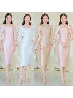 kudapy เดรสสั้นออกงาน แขนสามส่วน ดีเทลจับจีบหัวไหล่ กระโปรงสอบผ่าหลัง คอเหลี่ยม