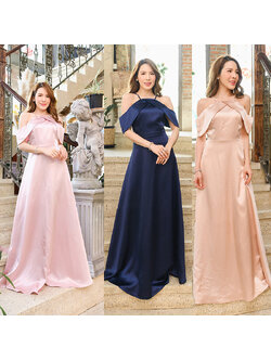 kudapy เดรสยาวสีชมพู/สีกรม/สีทองอมชมพู ราตรียาวสวยหรู คัตติ้งสวย เดรสเป็นแบบเปิดไหล่ มีสายเดี่ยวเล็กๆ แพทเทิร์นแบบปิดต้นแขน กระโปรงยาว