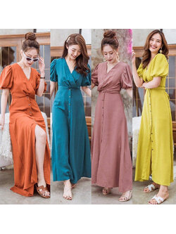 kudapy เดรสยาวแขนสั้นสีส้มอิฐ,ชมพูกะปิ,เขียวใบตอง,เขียวเข้ม แต่งกระดุมและป้ายหน้า งานสวย