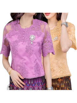 kudapy เสื้อลูกไม้สีทอง สีม่วง คอวีแต่งหยัก แขนสั้นลายสามมิติ เอวเก็บทรงสวยมากค่ะ (เฉพาะเสื้อนะคะ)